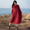 Johnature Women Cotton Dresses Vintage Button Pockets Robes Spring Solid Color Belt Women Casual Cloths Loose Dresses 210521