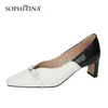SOPHITINA Retro Female Pumps Square Toe Stitching Buckle Decoration Shoes Thick Heel Mid-mouth TPR Women Shoes AO372 210513