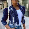 Autumn Women Puff Sleeve Hole Denim Jackor Plus Size Single Breasted Short Jean Jacket Female Ripped Streetwear Lady Coat