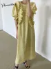 Yitimuceng Floral Impressão Vestidos para Mulheres Verão Moda Coreana Boho Vestido Longo Spruff Manga Comestível Árvore Fungo Amarelo Preto 210601