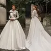 Elegant Wedding Dresses High Collar Long Sleeves Lace Satin Bridal Gowns Custom Made Button Back Sweep Train A Line Dress Robe De Mariee