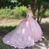 Różowa Koronka Appliqued Ball Suknia Quinceanera Suknie Halter Klejnot Neck Zroszony Prom Suknie Cekinowy Sweep Pociąg Tulle Sweet 16 Party Urodzinowa Sukienka