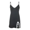 Sexig Lace Patchwork Black Mini Dress Women Gothic Streetwear Spaghetti Straps V-Neck Slit Dress Party Clubwear Dresses