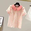 Verão Mulheres Peter Pan Collar Ruffles Mangas Curtas Stripe Chiffon Shirts Feminino Casual Pullover Tops Camisa Blusa 210428