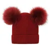 Hiver Parent-enfant tricoté pompon chapeau chaud Double boule de cheveux casquette dames crâne bonnet solide femme casquettes d'extérieur