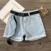 Sommer-Frauen-beiläufige Knopf-Reißverschluss-hohe Taillen-dünne Denim-Shorts Weinlese-Damen-blaue und graue Jeans mit Gürtel 210430