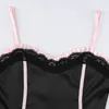 Fashion Milkmaid Satin Pink Lace Patchwork Top Women Strap Black Frill Sexy Cami Y2K Ladies Cropped s Summer Tanks 210517