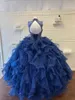 2021 Stunning Ball Gown Quinceanera Klänningar Royal Blue High Neck Beading Crystal Keyhole Backless Prom Formell Kappor Kvinnor Sweet 16 Dress Girls 15