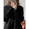 Schwarze Wollanzugjacke für Frauen Herbst Winter Vintage beiläufige lose schwere Wollanzüge Blazer Outwear 210608