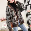 Frauen Herbst Winter Leopard Strickjacke Pullover Mantel Weibliche Lange Hülse Plus Größe Äußere Gestrickte Tops Pull Femme 210428