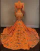 2022 Orange Mermaid Prom Dresses Long Sleeves Deep V Neck Sexy Sequined applique African Black Girls Fishtail Evening Wear Dress Plus Size