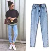 Vintage taille haute jeans femme copain coton denim pantalon maigre stretch flocon de neige maman pour femmes plus taille 210521