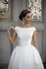 Modest White Satin A Line Wedding Dresses For Bride Jewel Neck Cap Sleeves Princess Bridal Ball Gowns Boho Garden Sweep Train Simp2540