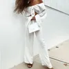 Women's Fashion Casual Two Piece Set Solid White Sexy Long Sleeve Short Bow Cardigan Top & Full Length Loose Pants Autumn Suit 210422