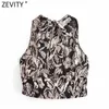 Zevity女性ヴィンテージ熱帯花柄プリントショートスモックブラウス女性スリーブレス背中の蝶ネクタイベストシャツシッククロップトップスLS9253 210603