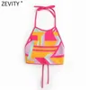 Zevity Women Chic Color Match Geometric Knitting Halter Camis Tank High Street Ladies Summer Backless Lace Up Crop Top LS9427 210625