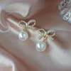 Stud Elegant Fashion Bowknot Gold Plated Pearl Drop Dangle Earrings For Women Bridal Wedding Engagement Party Jewelry Gift