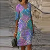 Plus size vestidos moda floral impressão vestido africano feminino verão com decote em v meia manga feminino litera vintage solto vestidos227m