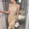 Apricot Lace Party Dresses for Woman Summer Beach Sleeveless High Waist Vestidos Diamond Embroidery Maxi Lady 210603