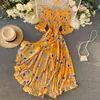 Lato nadmorski wczasowy styl Kwiatowy Długa Sukienka Bogini Slash Neck Wysoka talia była cienka nieregularna ruffled ML851 210506