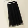 Zoki vrouwen tule rok elastische hoge taille mesh lente zomer mode lang een lijn zwart meisje Koreaans geplooid faldas 210619