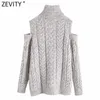 Zevity mujeres moda cuello alto cuello fuera del hombro diseño casual tejido suéter dama manga larga chic jerseys tops S488 210603