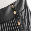 Za Mini jupe en similicuir plissée femmes avant métal bouton pression jupes femme élégante faux cuir sexy jupe courte 210602