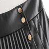 Za Mini Pleated Leatherette Skirt Women Front Metal Snap Button Skirts Female Elegant Faux Leather Sexy Short Skirt 210602