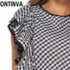 Vrouwen Mouwloze geruite jurk Zwart Retro Gingham High Split Ruffled Vintage Geruite tunieken Gewaden Femme ingebouwde Sundress 210527