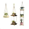 Chegada Macrame Plant Hanger com placa de madeira bandeja de panela de flor pendurado 210615