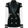 Kvalitet Est Fashion Blazer Kvinnors Läder Patchwork Dubbelbröst Klassisk Varsity Jacket1
