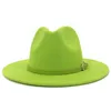 High Quality Patchwork Outer Lime Green Inner Rose Red Wool Felt Hat With Belt Buckle Hats Fedora For Women Wide Brim