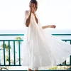 Elegant Flare Sleeve Beach Dress Plus Size Women Beachwear White Cotton Tunic Sexy Deep V-Neck Bathing Suit Cover-ups Sarong Sarongs