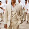 Beige linnen bruiloft smoking voor groomsmen zomer 3-delige man pakken met gekerfde revers custom casual man mode kostuum 2020 x0909
