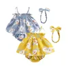 Summer baby Girl Outfits conjunto flor impresso sem mangas top t-shirt shorts headband 3 pcs roupas infantis 210326