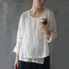 Johnature Style chinois chemises pour femmes bouton Ramie Blouses printemps blanc à manches longues col rond irrégulière femmes chiffons 210521