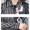 Chemise en soie femmes chemisiers à manches longues noir polo-cou rayé classique imprimé femme hauts plus taille chemisier bureau dame 210427