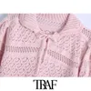 Women Sweet Fashion With Drawstring Collar Cropped Knitted Sweater Vintage Short Sleeve Female Pullovers Chic Tops 210507