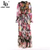 Ld linda della moda runway verão manga longa maxi vestido feminino cintura elástica floral impressão elegante festa feriado longo vestido 210325