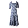 Longue maxi robe pour femmes coréen manche à manches carrée col carré bleu élégant imprimé robe de causalité sexy dames 210602