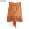 Zevity Womenファッションの堅い結び目の裾タッセルカジュアルスリムスカートファルダムハエルオフィスレディースバックジッパーシックミニVestido Qun697 210621