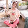 2ピース/セットショートTシャツズボンピジャマスセット女性の夏の寝室綿睡眠トップスパンツ女性パジャマスタイル210830