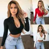 Kvinnor Långärmade Crop Tops V-hals Zip Bandage T-shirt Summer Beach Slim Fitness Bodycon Casual Solid Party Sexig Streetwear Topp Dam