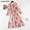 Printemps Femmes Chiffon Maxi Robes Français Bow Papillon Manches Vintage Vestidos Floral Robe Lady Drop 210601