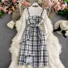 Spring 2 Pcs Women Set Chic Button Plaid Pattern Drawstring Slim Waist Camis Dress Knitted Sweater French Style Suit 210422