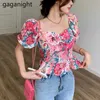 Women Floral Print Chiffon Blouse Summer Ladies V Neck Bandage Lace-up Backless Blouses Open Back Sexy Crop Tops 210601