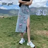 Vintage Flower Print Women's Long Denim Skirt Summer Harajuku High Waist Sexy Side Split Jeans Korean Streetwear Straight Skirts