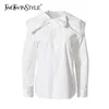 Twotwinstyle Słodka Biała Koszula Dla Kobiet O Neck Z Długim Rękawem Dorywczo Solidna Minimalistyczna Bluzka Kobieta Moda Odzież 210517