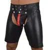 Sexiga Mens Shorts Black Faux Patent Läder Öppna Crotch Skinny Performance Trousers Men Short 210716