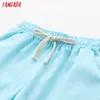 Tangada Mulheres Candy Cor Cotton Shorts Bow Strethy Cintura Bolsos Feminino Retro Básico Casual Shorts Pantalones 4A4 210609